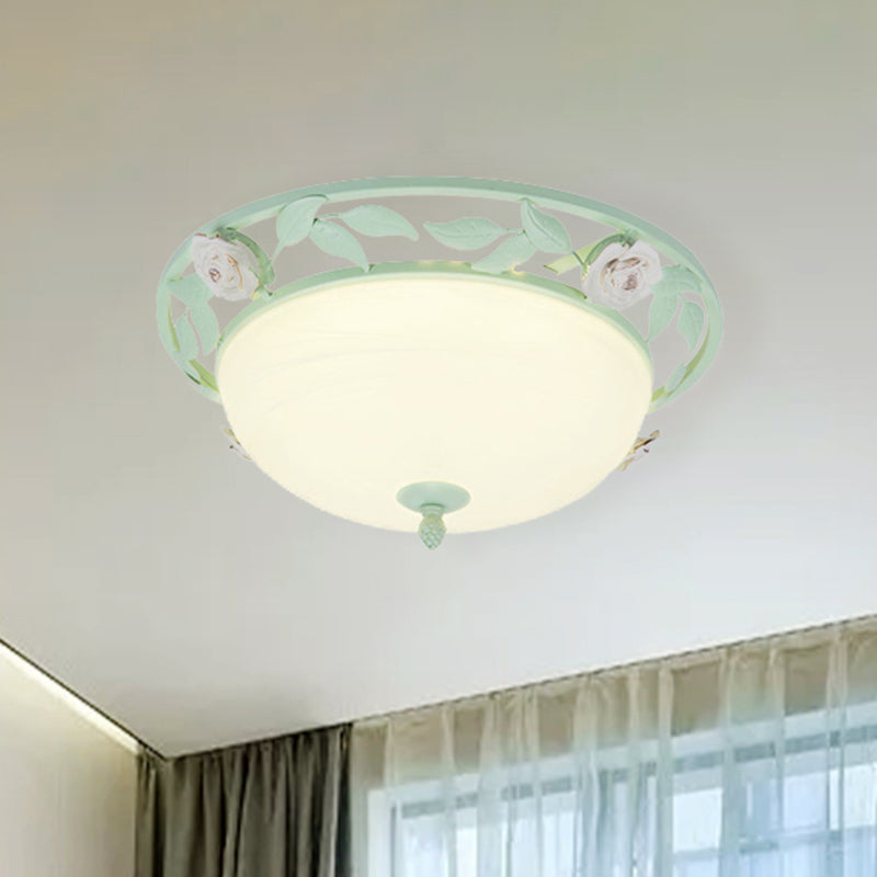 15"/19" Korean Flower Metal Bowl Ceiling Light - 1 Head Flush Mount Fixture in Pink/Blue/Green