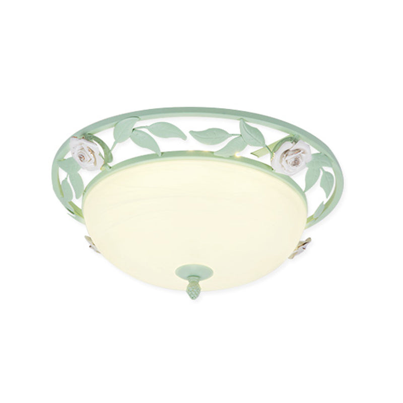15"/19" Korean Flower Metal Bowl Ceiling Light - 1 Head Flush Mount Fixture in Pink/Blue/Green
