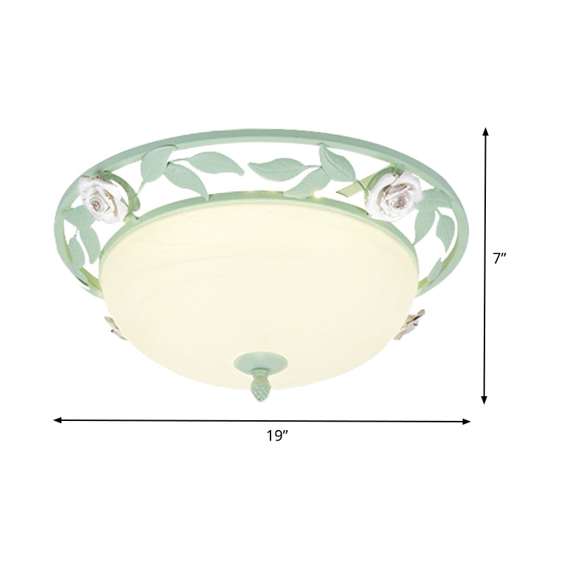 15"/19" Korean Flower Metal Bowl Ceiling Light - 1 Head Flush Mount Fixture in Pink/Blue/Green