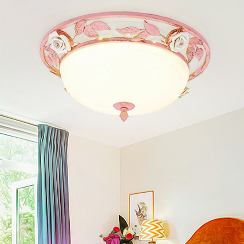 15"/19" Korean Flower Metal Bowl Ceiling Light - 1 Head Flush Mount Fixture in Pink/Blue/Green