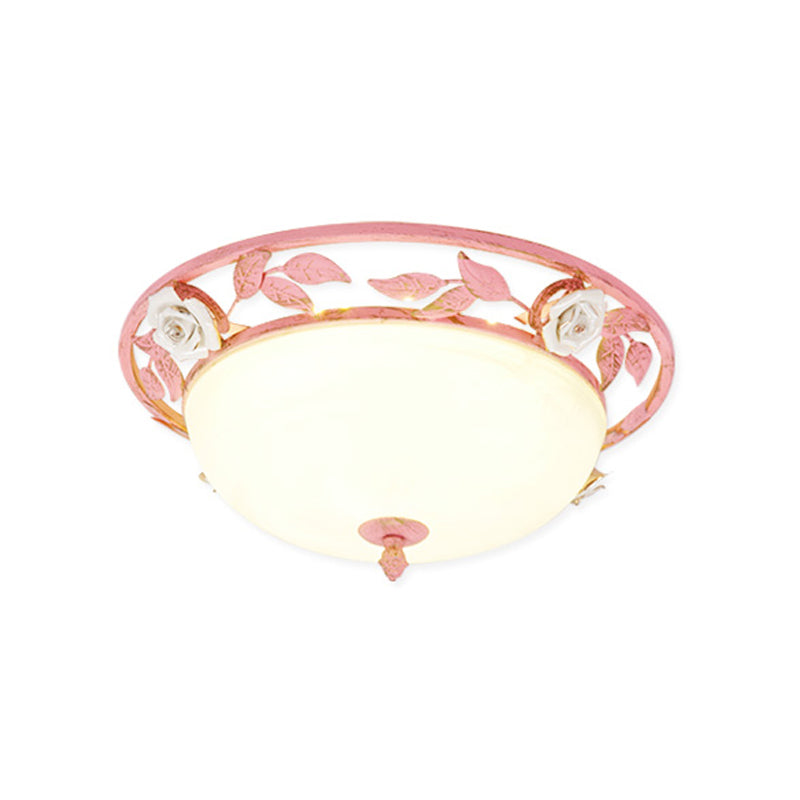 15"/19" Korean Flower Metal Bowl Ceiling Light - 1 Head Flush Mount Fixture in Pink/Blue/Green