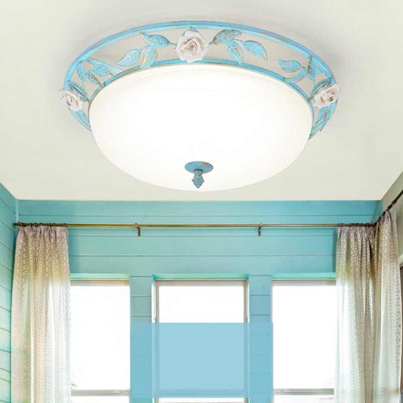 15"/19" Korean Flower Metal Bowl Ceiling Light - 1 Head Flush Mount Fixture in Pink/Blue/Green