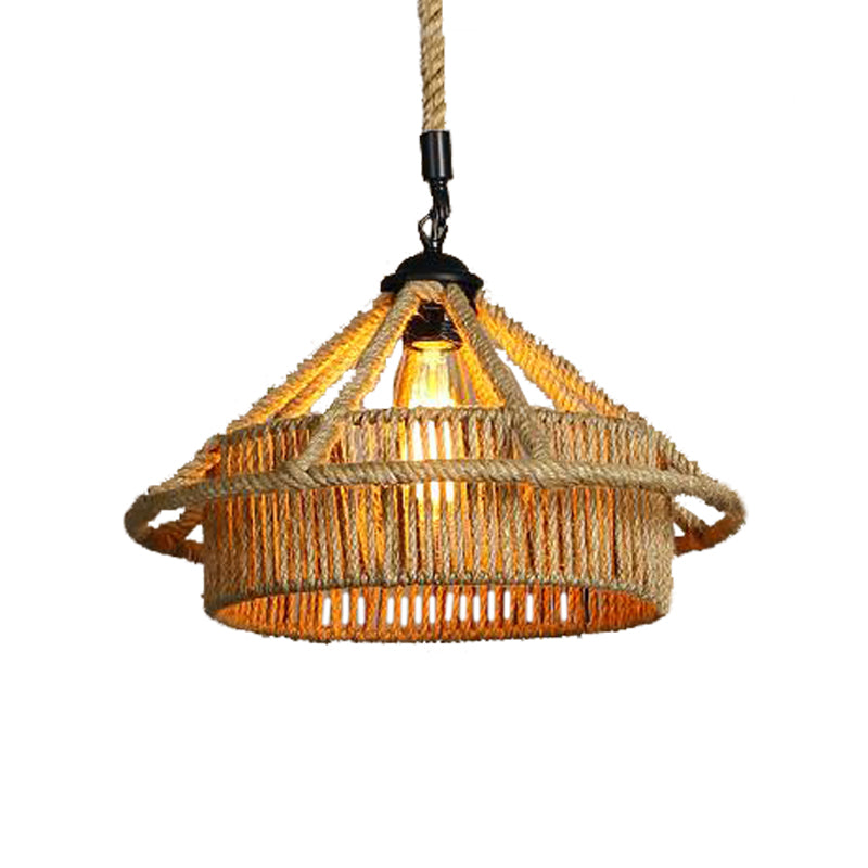 Vintage Beige Straw Hat Shape Rope Ceiling Pendant Light - Coffee Shop Hanging Lamp