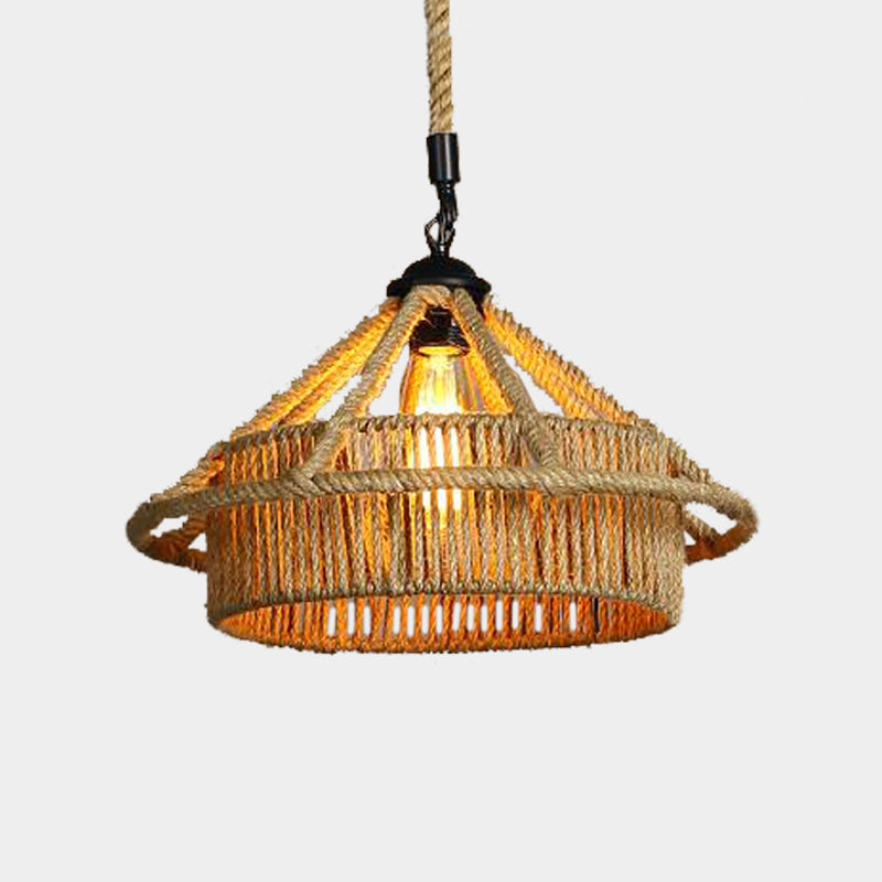 Vintage Beige Straw Hat Shape Rope Ceiling Pendant Light - Coffee Shop Hanging Lamp