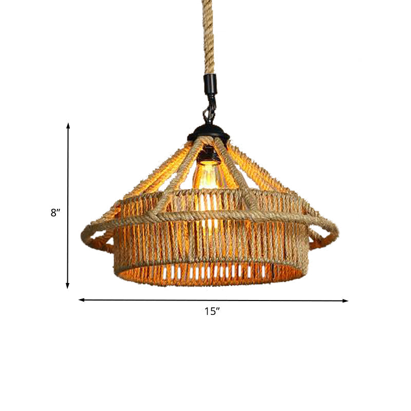 Vintage Beige Straw Hat Shape Rope Ceiling Pendant Light - Coffee Shop Hanging Lamp
