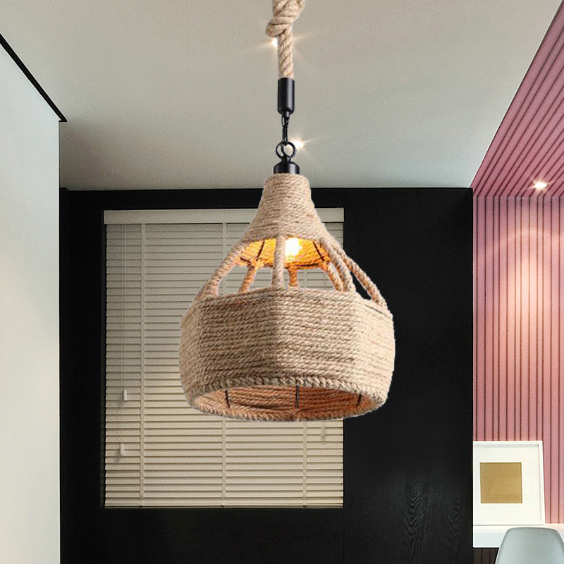 Plafonnier de ferme beige avec détails en corde - Lampe suspendue à 1 ampoule pour cafés - 8" ou 15" de large