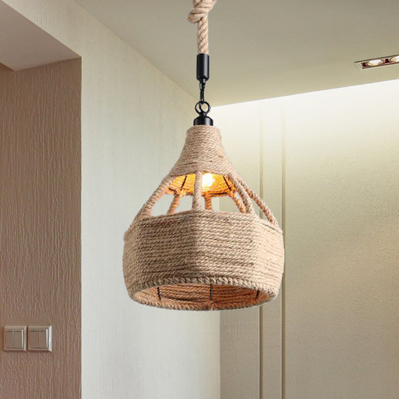 Plafonnier de ferme beige avec détails en corde - Lampe suspendue à 1 ampoule pour cafés - 8" ou 15" de large