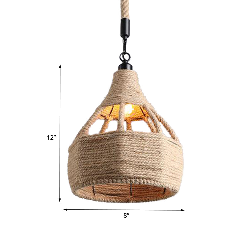 Plafonnier de ferme beige avec détails en corde - Lampe suspendue à 1 ampoule pour cafés - 8" ou 15" de large