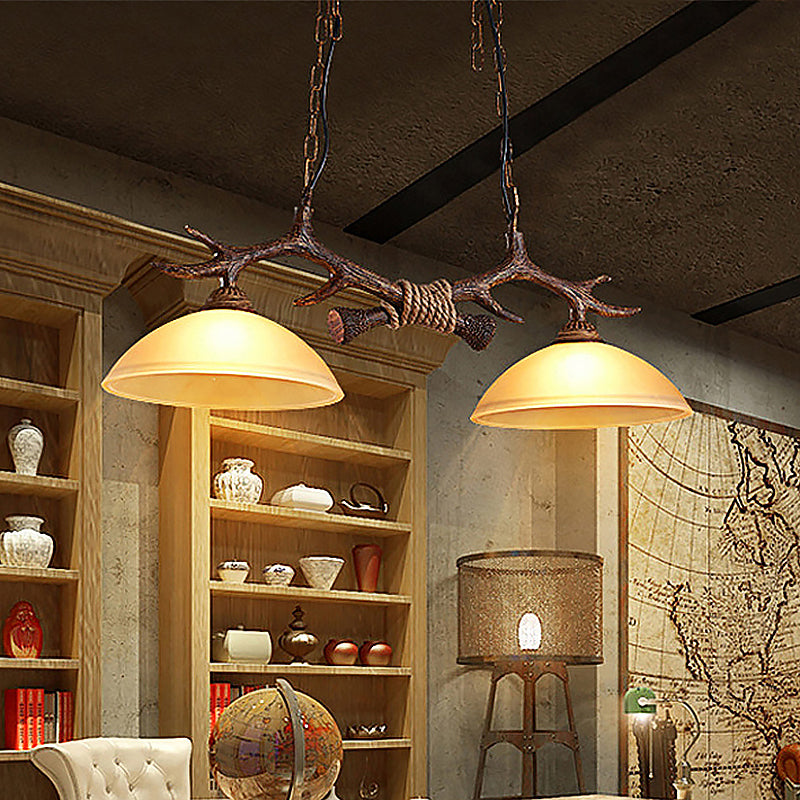 Rustic Glass Hanging Lamp With Wood And Rope Accents - Bowl Shade Pendant (Amber 2 Bulbs)