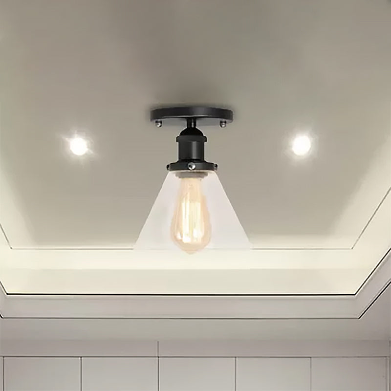Industrial Clear Glass Ceiling Light in Black/Brass/Copper - Single Bulb Semi Flush Mount
