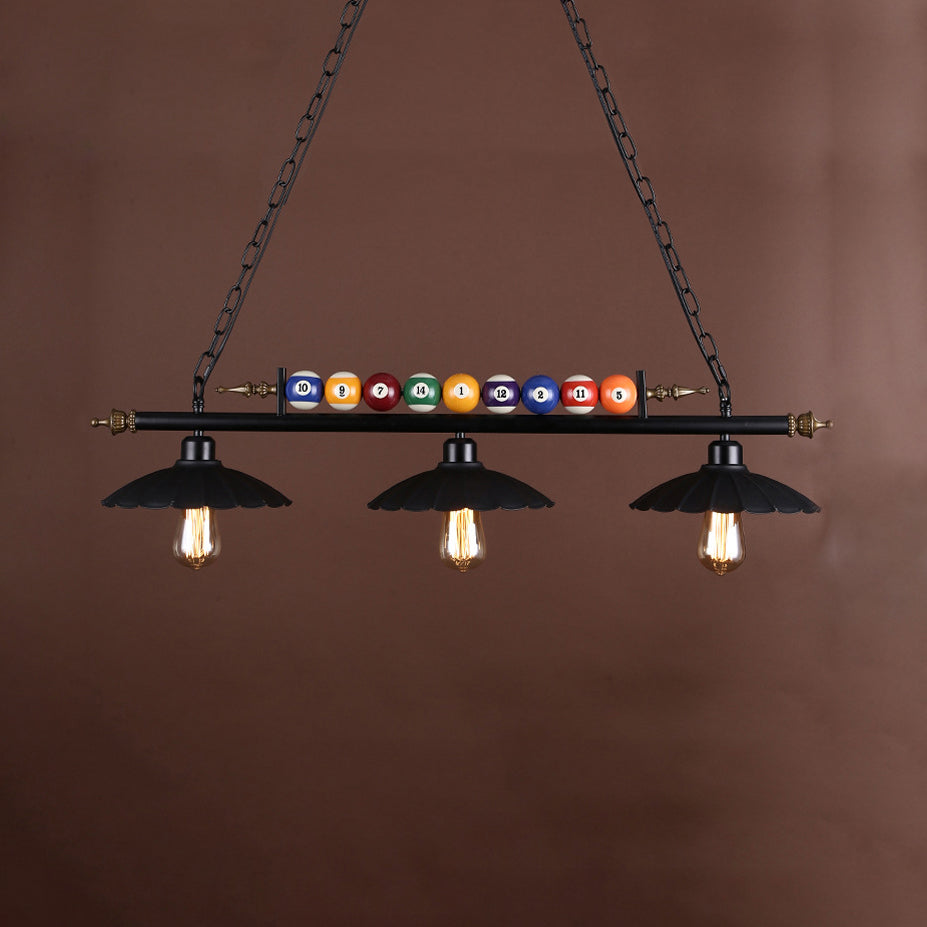 Vintage Style Black Metal Island Chandelier With Ruffled Edge - Ideal For Billiard Room