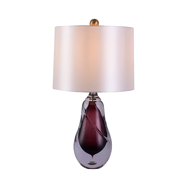 Contemporary White Drum Table Light With Teardrop Red Crystal Base - Small Desk Lamp