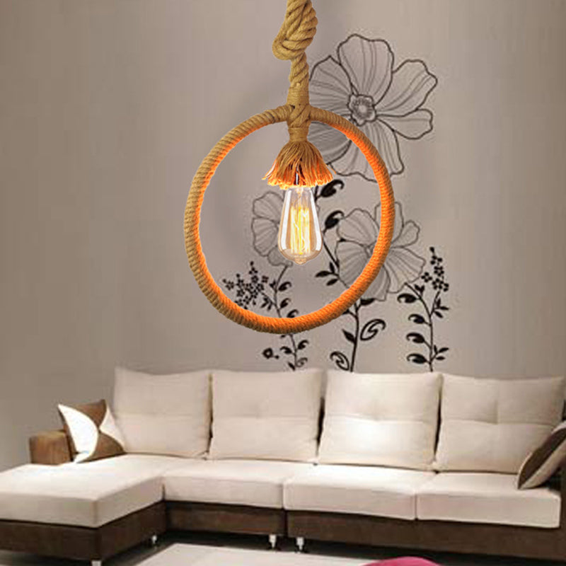 Industrial Rope Pendant Light - Rustic 1-Light Suspended Lamp for Ring Restaurant | Beige-Knotted Cord