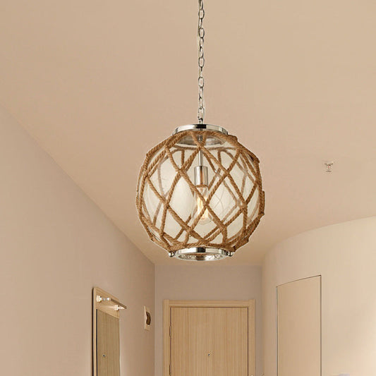Vintage Clear Glass Hanging Globe Lamp with Hand-Woven Beige Rope Detail - 1 Head Suspension for Corridor Lighting