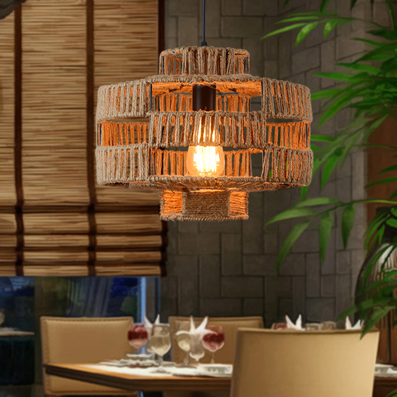 Vintage Beige Rope Pendant Ceiling Light Fixture For Restaurant With Drum Frame