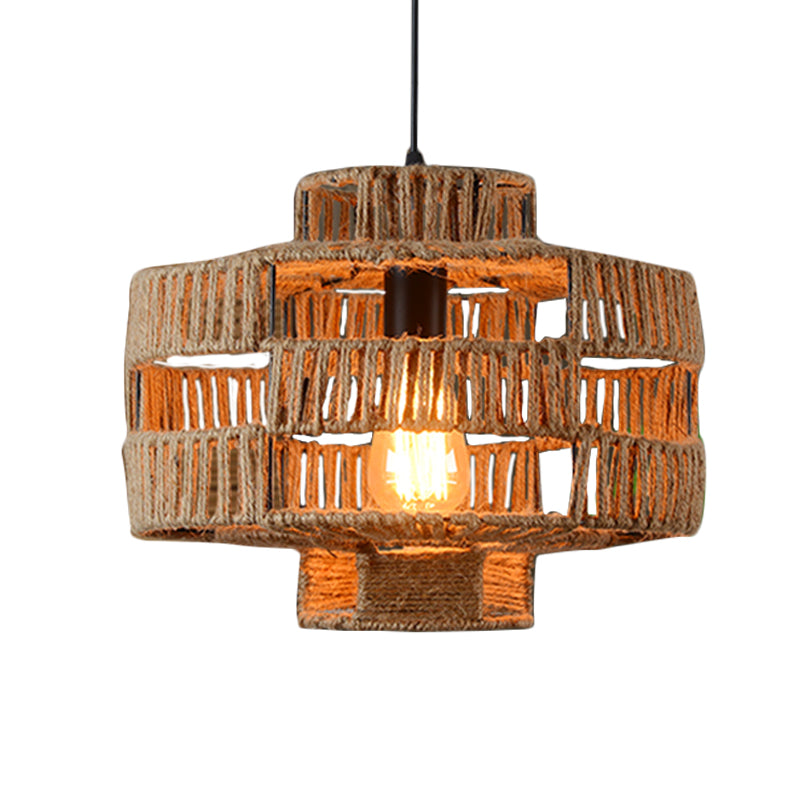 Vintage Beige Rope Pendant Ceiling Light Fixture For Restaurant With Drum Frame