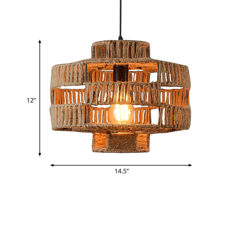 Vintage Beige Rope Pendant Ceiling Light Fixture For Restaurant With Drum Frame