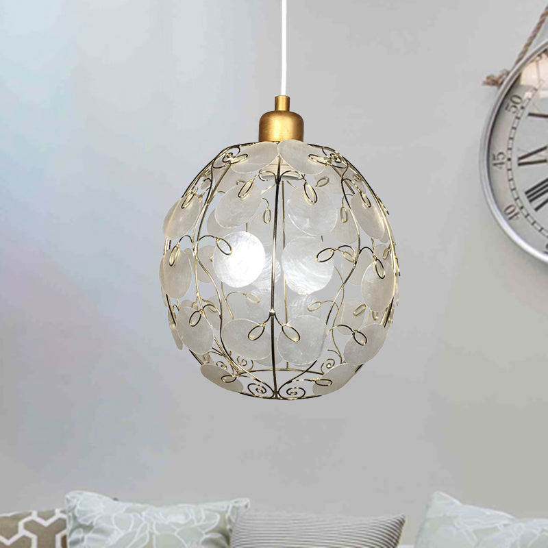 Contemporary Gold-Finish Sphere Shell Pendant Light, 1-Light White Ceiling Fixture