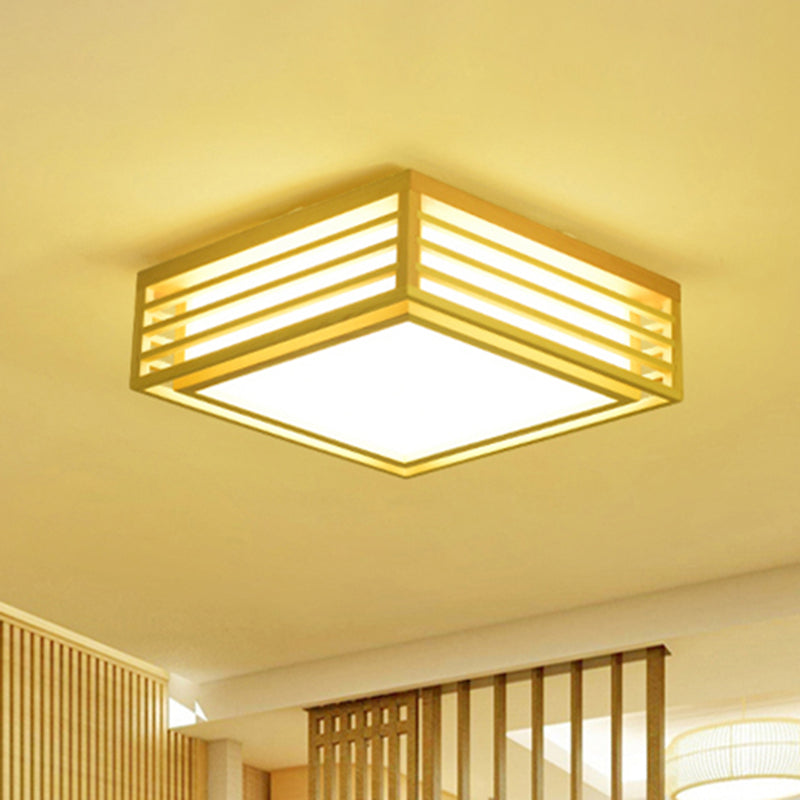 Japanese Beige LED Flush Ceiling Light with Acrylic Square Design - Warm/White Light and Wood Cage for Living Room
