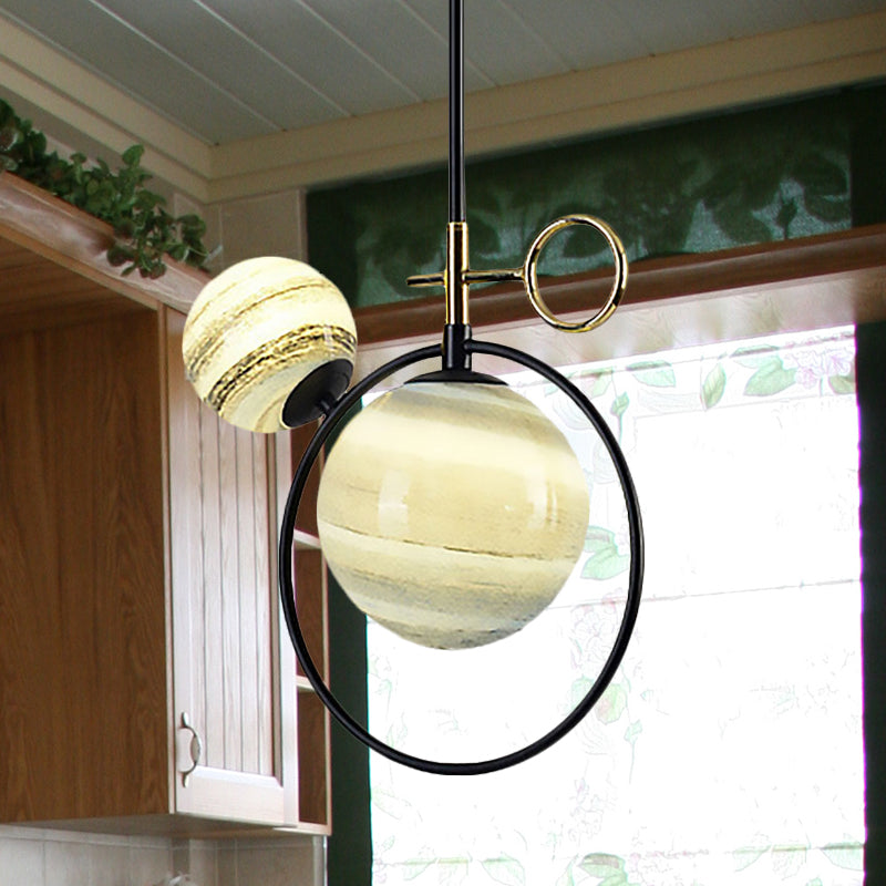 Contemporary Black LED Globe Glass Pendant Light - 2-Light Fixture for Living Room