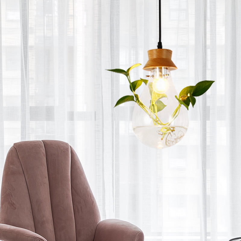 Vintage Led Wooden Black Plant Hanging Lamp - Bulb Shaped Pendant Light For Restaurants