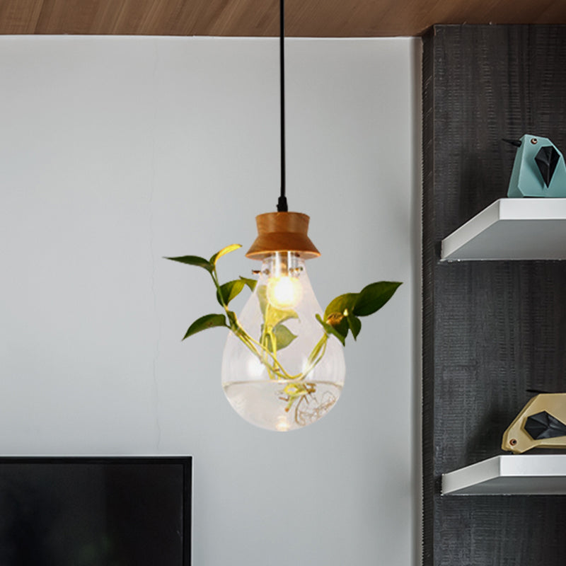 Vintage LED Pendant Lamp: Wooden Hanging Plant Light for Restaurants