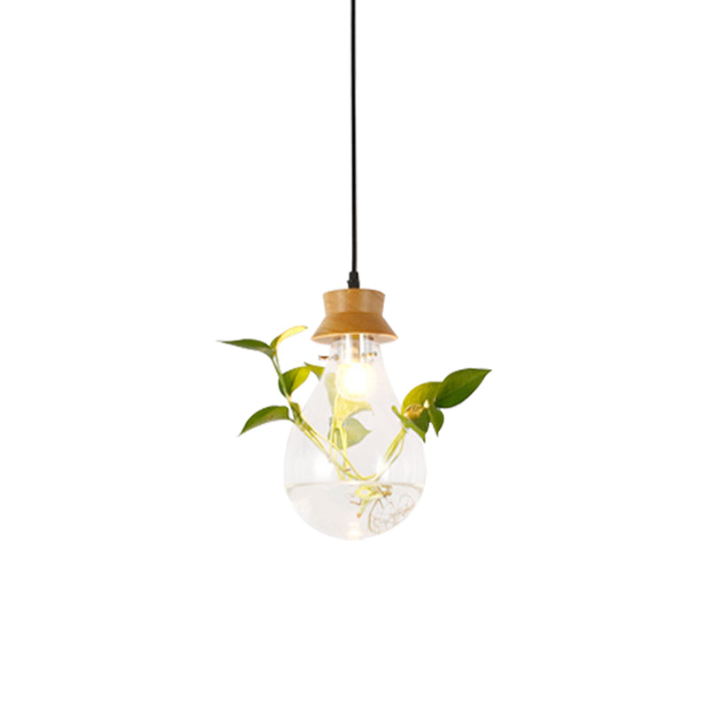 Vintage Led Wooden Black Plant Hanging Lamp - Bulb Shaped Pendant Light For Restaurants