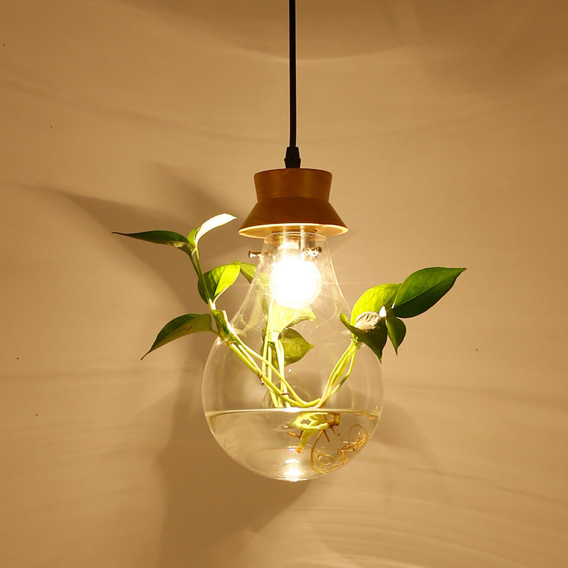 Vintage Led Wooden Black Plant Hanging Lamp - Bulb Shaped Pendant Light For Restaurants