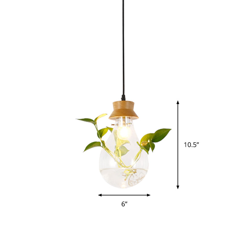 Vintage Led Wooden Black Plant Hanging Lamp - Bulb Shaped Pendant Light For Restaurants