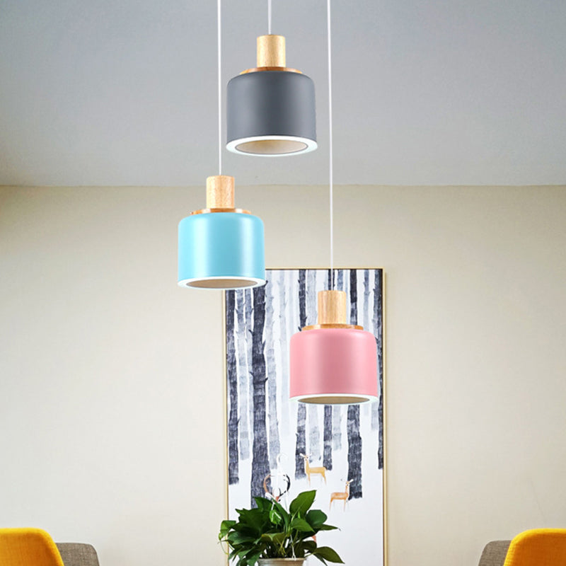 Small White Drum Cluster Pendant Light with 3 Metallic Heads and Wood Top - Minimalist Ceiling Hang Fixture