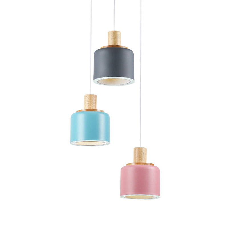 Small White Drum Cluster Pendant Light with 3 Metallic Heads and Wood Top - Minimalist Ceiling Hang Fixture