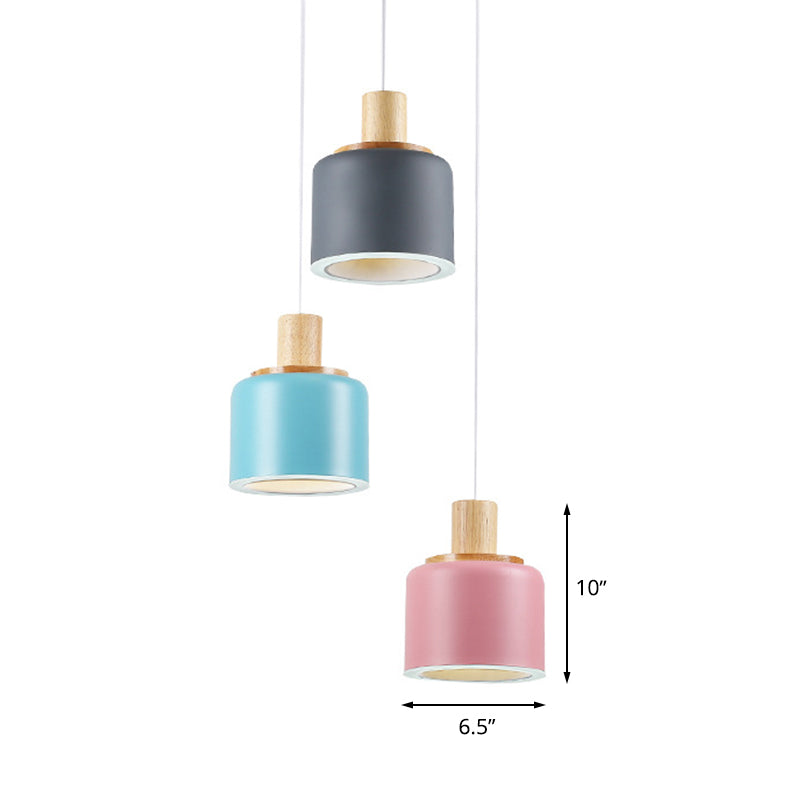 Small White Drum Cluster Pendant Light with 3 Metallic Heads and Wood Top - Minimalist Ceiling Hang Fixture