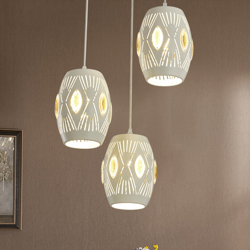 Contemporary White Cluster Pendant Light Kit For Living Room With 3 Lights And Hollow-Out Iron Urn