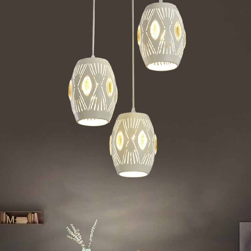 Contemporary White Cluster Pendant Light Kit For Living Room With 3 Lights And Hollow-Out Iron Urn