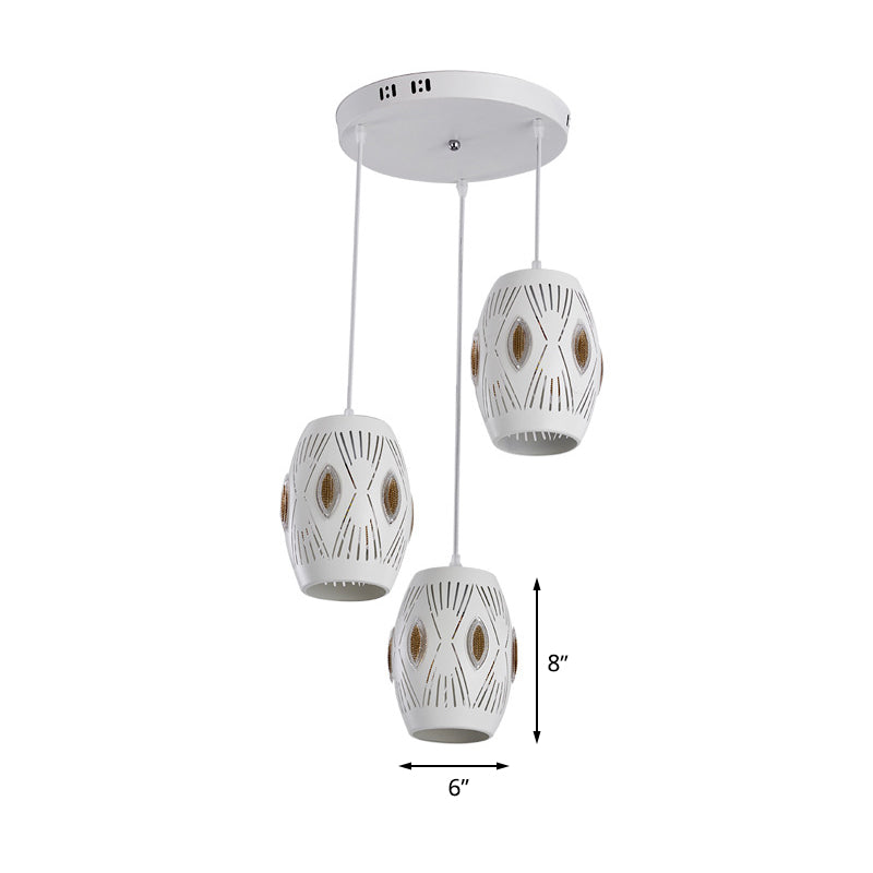 Contemporary White Cluster Pendant Light Kit For Living Room With 3 Lights And Hollow-Out Iron Urn