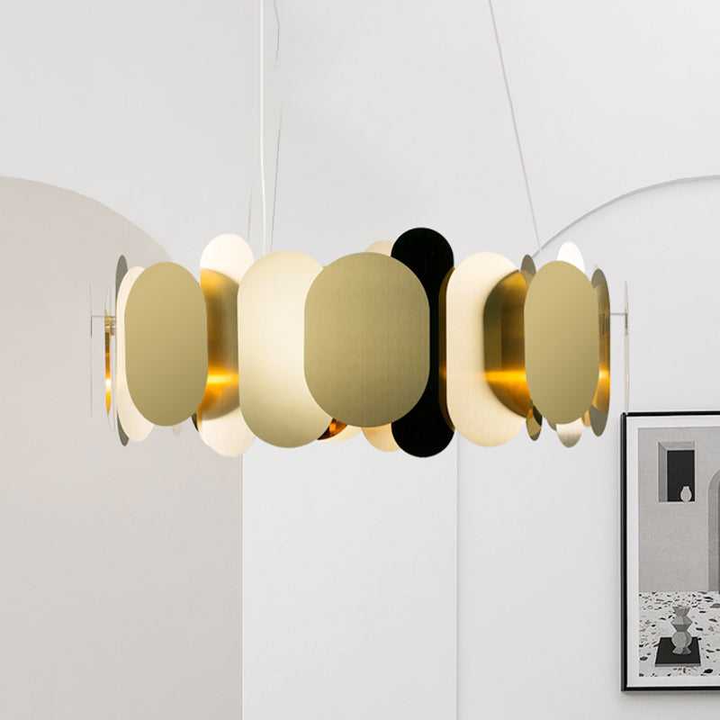 Modern Metal LED Oval Panel Pendant Light for Living Room Ceiling in Brass, White/Warm Light