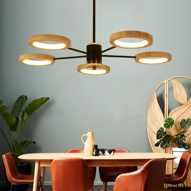Modern Wood Sputnik Chandelier Pendant Light - 3/5/6 Lights Black Led Hanging Ceiling Lamp In