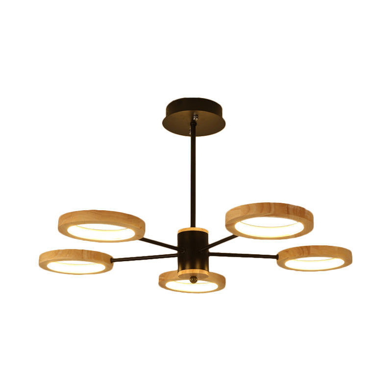 Modern Wood Sputnik Chandelier Pendant Light - 3/5/6 Lights Black Led Hanging Ceiling Lamp In