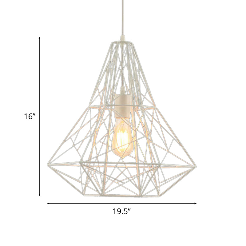 Metallic Industrial Cage Diamond Pendant Lighting - Black/White, 1 Head, for Dining Room - 16"/19.5" Dia
