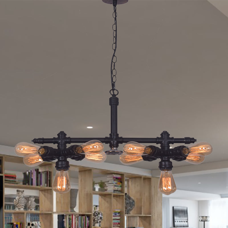 Diana - Lustre de plafond vintage en fer à 10 ampoules, lampe suspendue vintage noire à tube radial pour salon