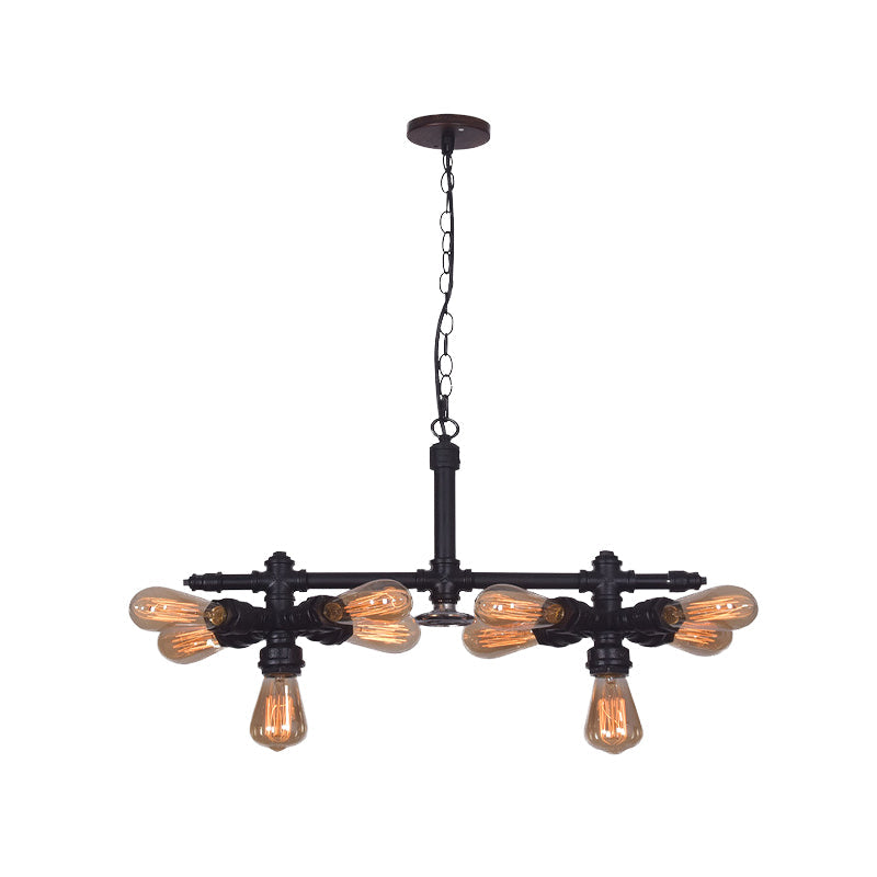 Diana - Lustre de plafond vintage en fer à 10 ampoules, lampe suspendue vintage noire à tube radial pour salon