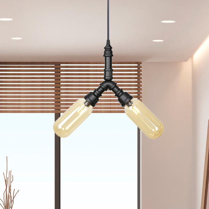 Laura - Antiqued 2/3/5 Heads Metal Hanging Light  Antiqued Black Finish Sputnik Pipe Bar Chandelier with Capsule Amber Glass Shade