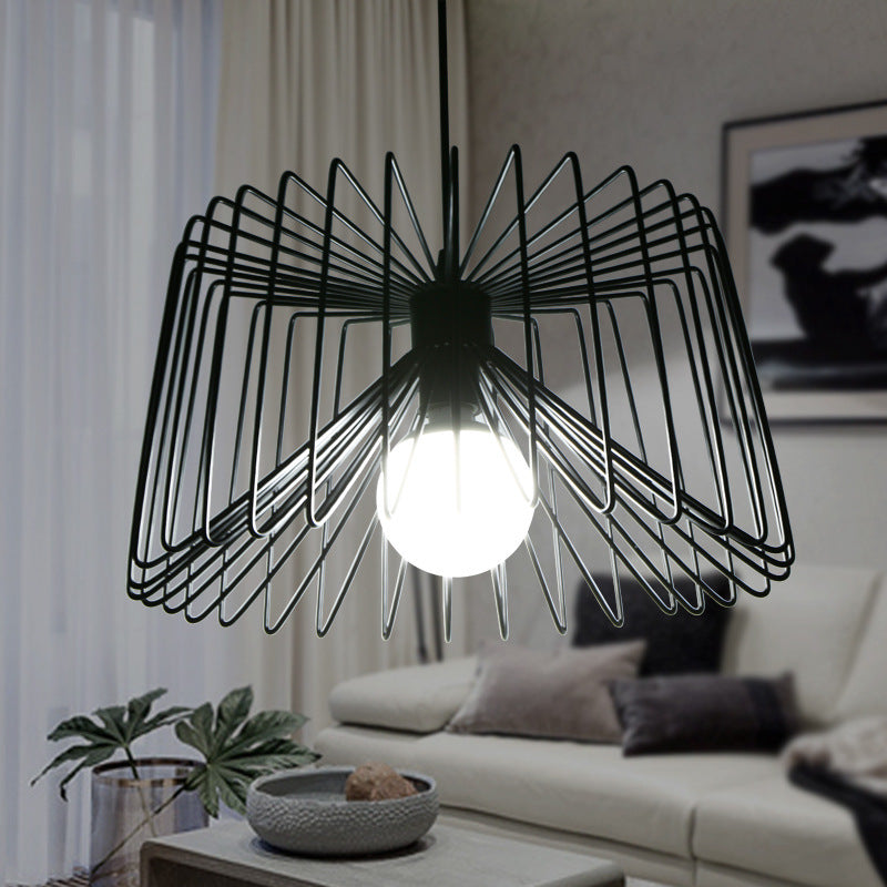 Industrial Metal Hanging Lamp with Adjustable Cord - Black/White Cage Shade - Living Room Ceiling Light