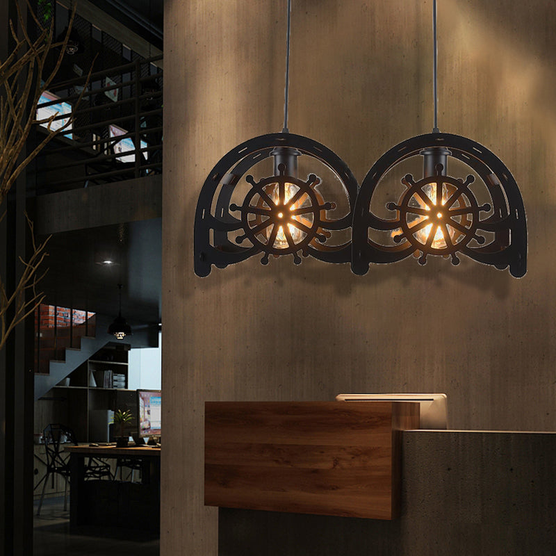 Madison - Black Metal Pendant Lamp Wheel Shade 2/3-Light Vintage Chandelier Light Fixture For Living