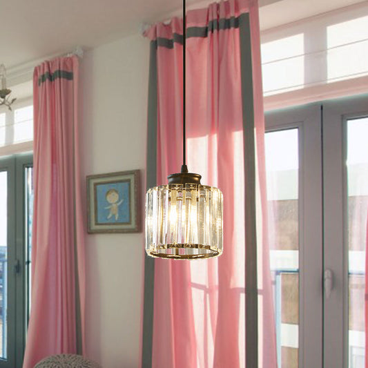 Modern Black Drum Pendant Light with Clear Crystal 1 Head - Stylish Ceiling Hanging Fixture for Living Room