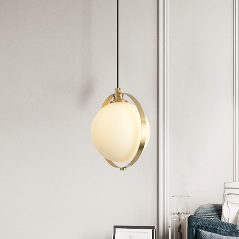 Simple White Frosted Glass Pendant Light with Brass Ring - Global Suspended Lamp for Bedside or Ceiling, 1 Bulb