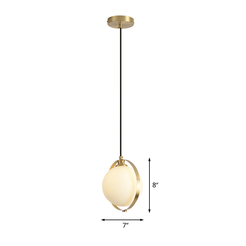 Simple White Frosted Glass Pendant Light with Brass Ring - Global Suspended Lamp for Bedside or Ceiling, 1 Bulb