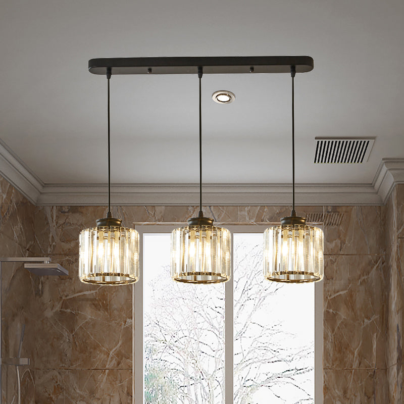 Modernist Drum Crystal Multi-Light Pendant - 3 Lights - Black Ceiling Hanging Fixture with Linear/Round Canopy