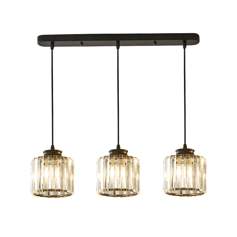 Modernist Drum Crystal Multi-Light Pendant - 3 Lights - Black Ceiling Hanging Fixture with Linear/Round Canopy