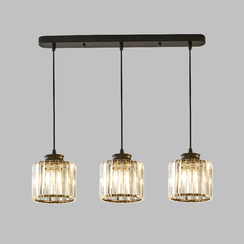 Modernist Drum Crystal Multi-Light Pendant - 3 Lights - Black Ceiling Hanging Fixture with Linear/Round Canopy